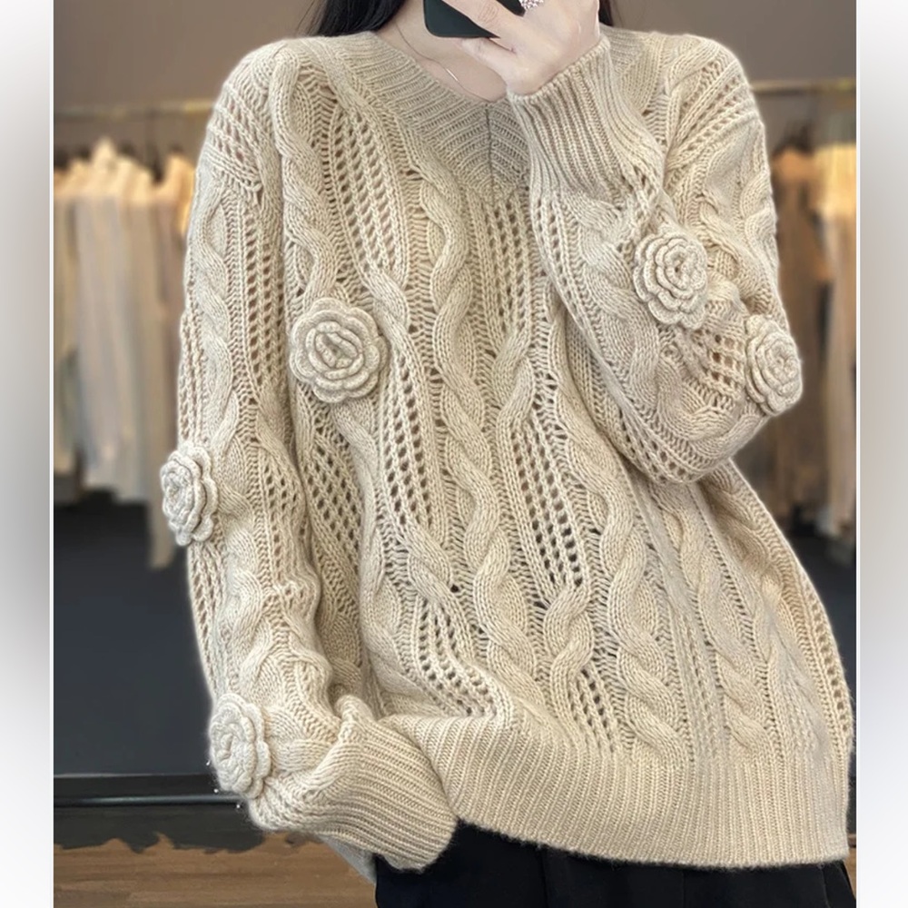 SHEIN Cream Floral Cable Knit V Neck Sweater